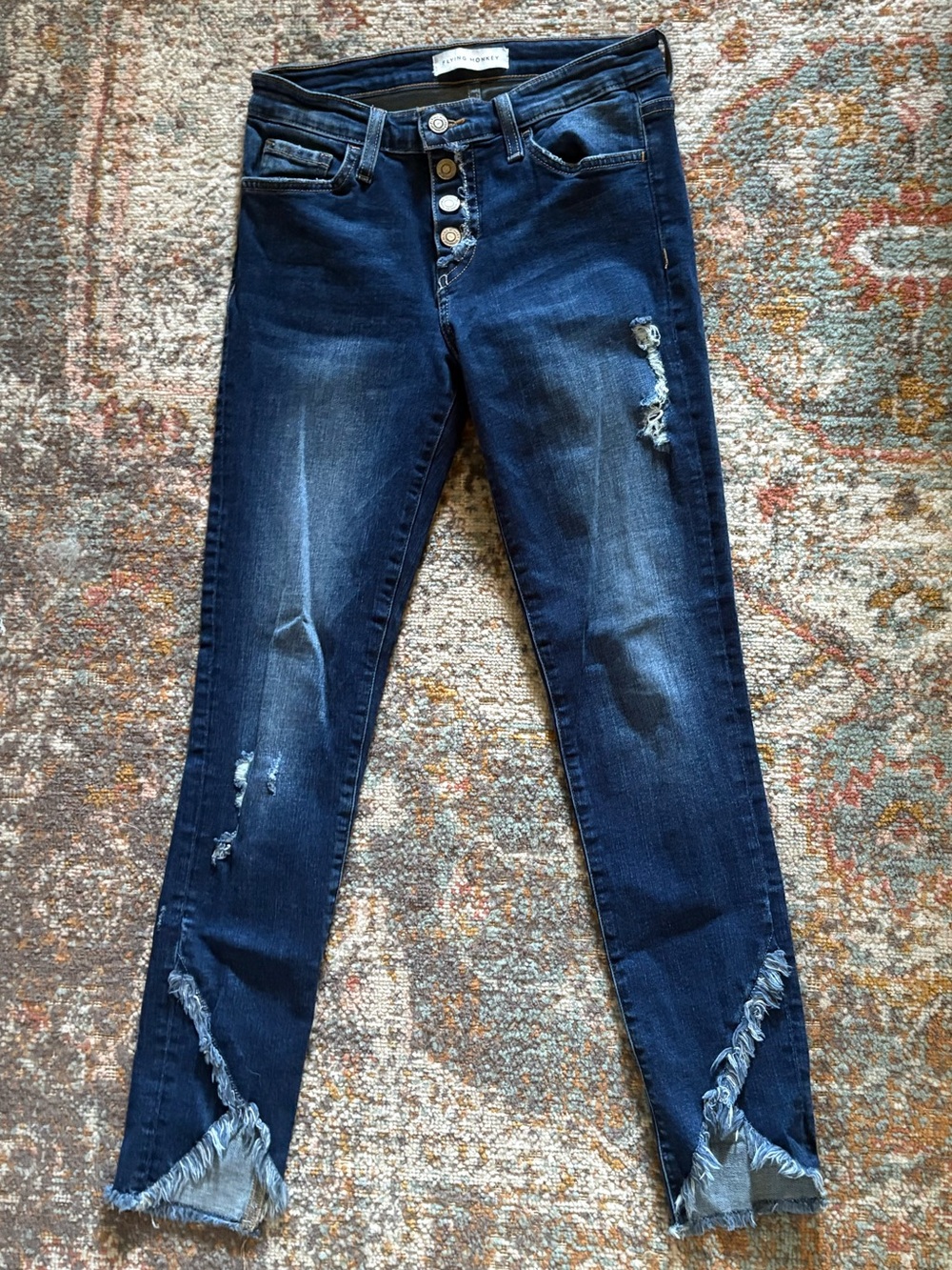 Flying Monkey Dark Blue Distressed Ankle Jeans with Frayed Hem